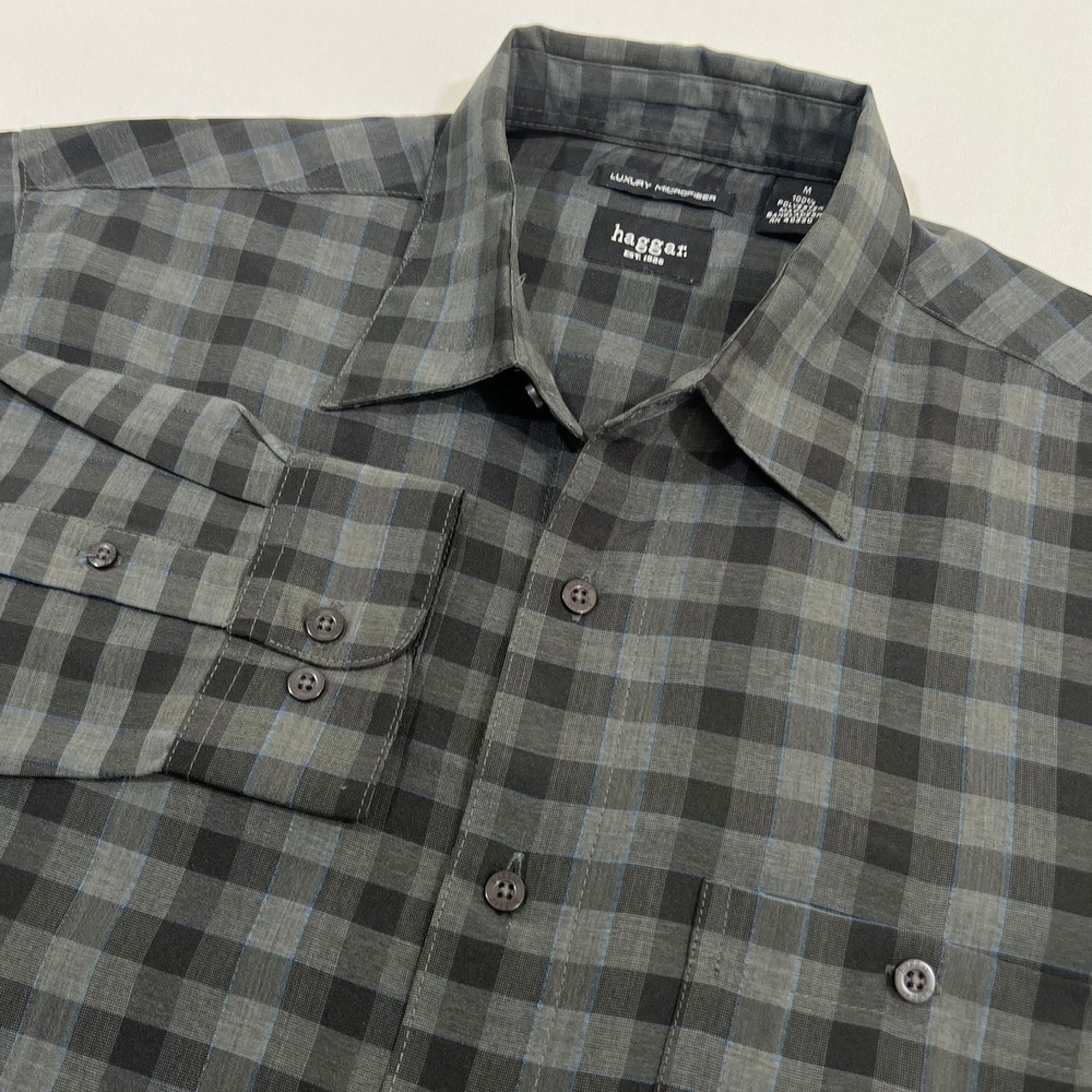 Haggar Button Down Shirt Luxury Microfiber Plaid City Office Grey Black Mens M